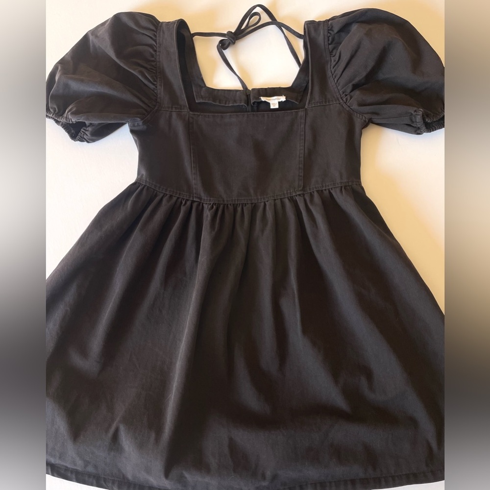 Mittoshop Cottagecore Puff Sleeves Faded Black Denim Dress Tie-Back Size M